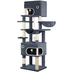 Hzuaneri 178 cm Cat Tree for Indoor Cats, Multi-layer Scratching Post with Large Platform, 2 Caves, 7 Sisal Posts, Pompoms, Cat Basket, Hammock, Suitable for Cats, Dark Grey MS17818SG