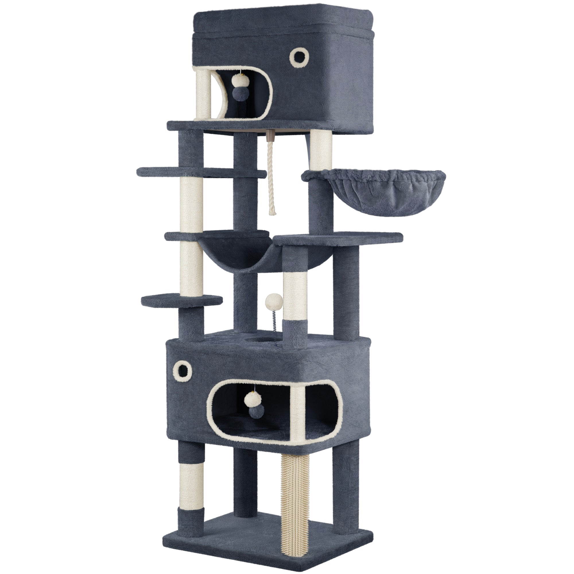 Hzuaneri 178 cm Cat Tree for Indoor Cats, Multi-layer Scratching Post with Large Platform, 2 Caves, 7 Sisal Posts, Pompoms, Cat Basket, Hammock, Suitable for Cats, Dark Grey MS17818SG