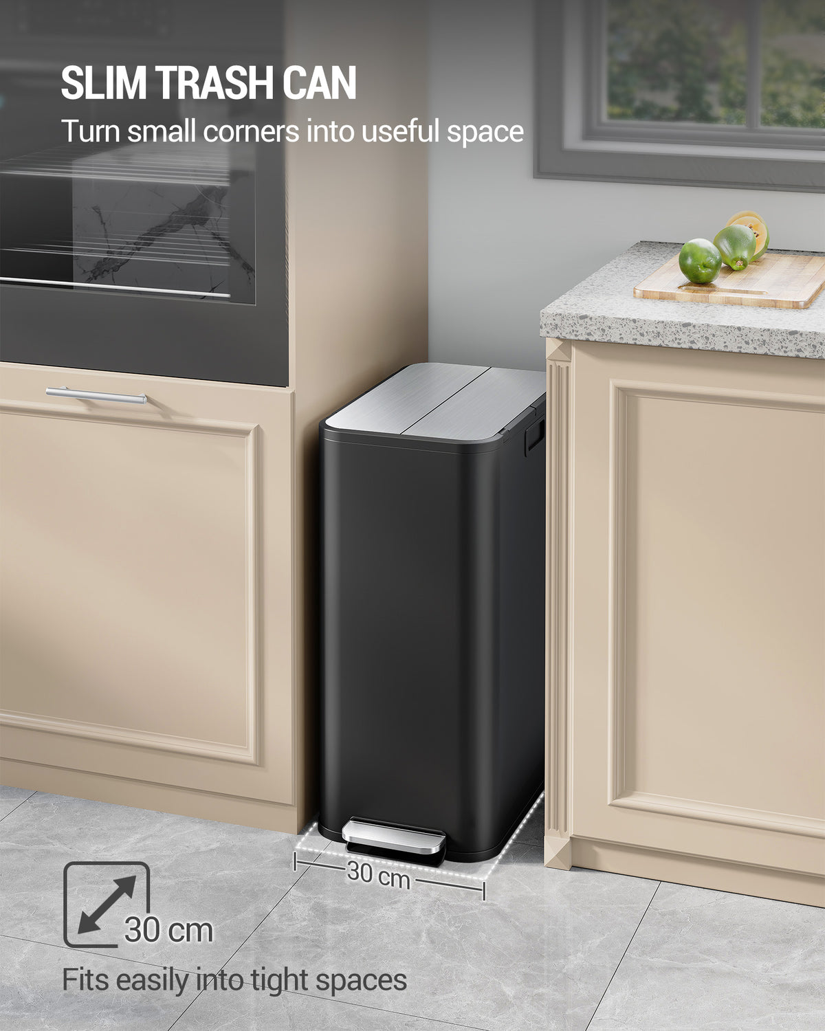 Hzuaneri Kitchen Trash Can, 2 x 28 Liter Narrow Trash Cans, Waste Separation System with Removable Inner Bucket, Includes 15 Special Trash Bags, Black SW22899B