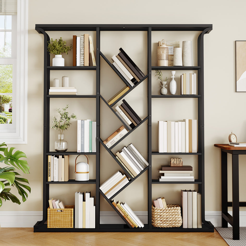 Hzuaneri Bookshelf, 3 Columns, 6 Tier Tree-Shaped Bookcase, 17 Open Independent Shelves, for Home Office, Bedroom, Living Room, 24 x 156 x 180 cm, Black BC53204B