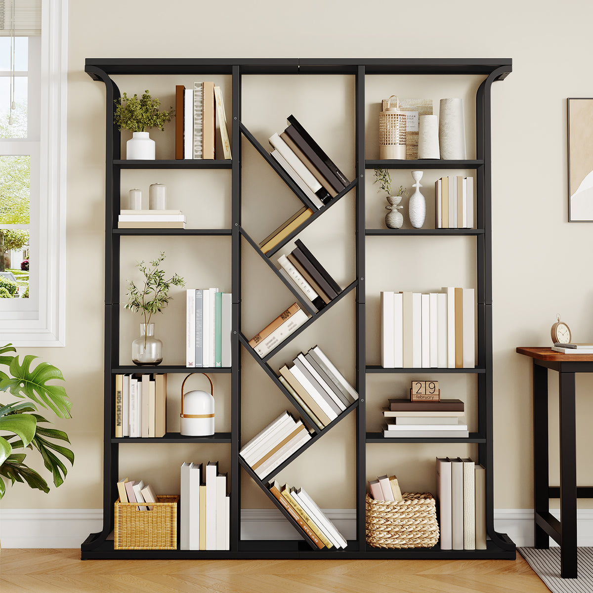 Hzuaneri Bookshelf, 3 Columns, 6 Tier Tree-Shaped Bookcase, 17 Open Independent Shelves, for Home Office, Bedroom, Living Room, 24 x 156 x 180 cm, Black BC53204B