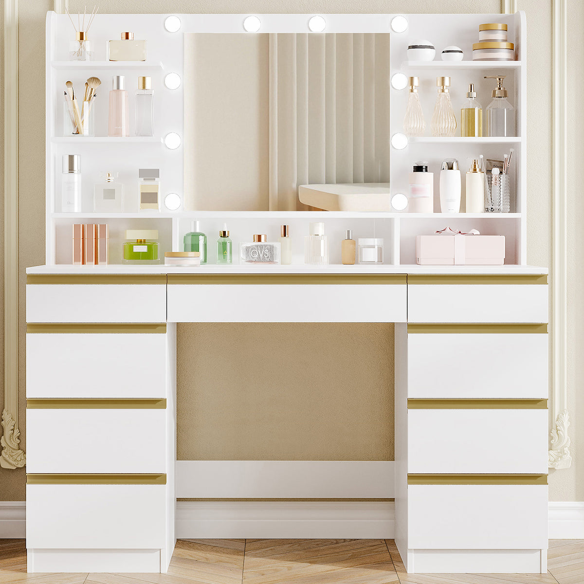 Hzuaneri Large Dressing Table with 10 LED Lights & Mirror, 9 Drawers, 9 Shelves, 3 Colors