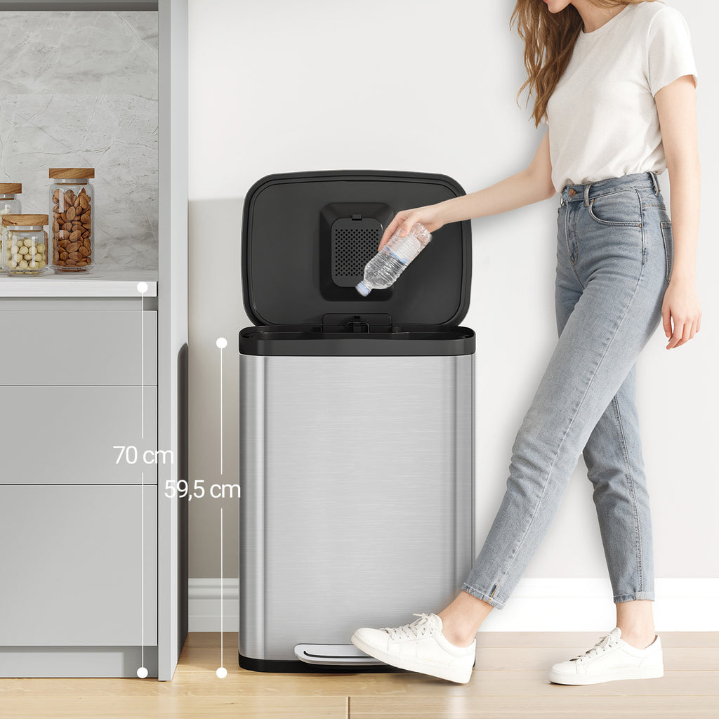Hzuaneri 50L Kitchen Bin, Steel Pedal Bin with Soft-Close Lid, Inner Bucket, with 15 Bin Bags, Soft Close and Stay Open, Silver SW15099E