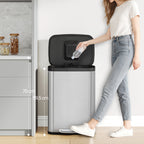 Hzuaneri 50L Kitchen Bin, Steel Pedal Bin with Soft-Close Lid, Inner Bucket, with 15 Bin Bags, Soft Close and Stay Open, Silver SW15099E