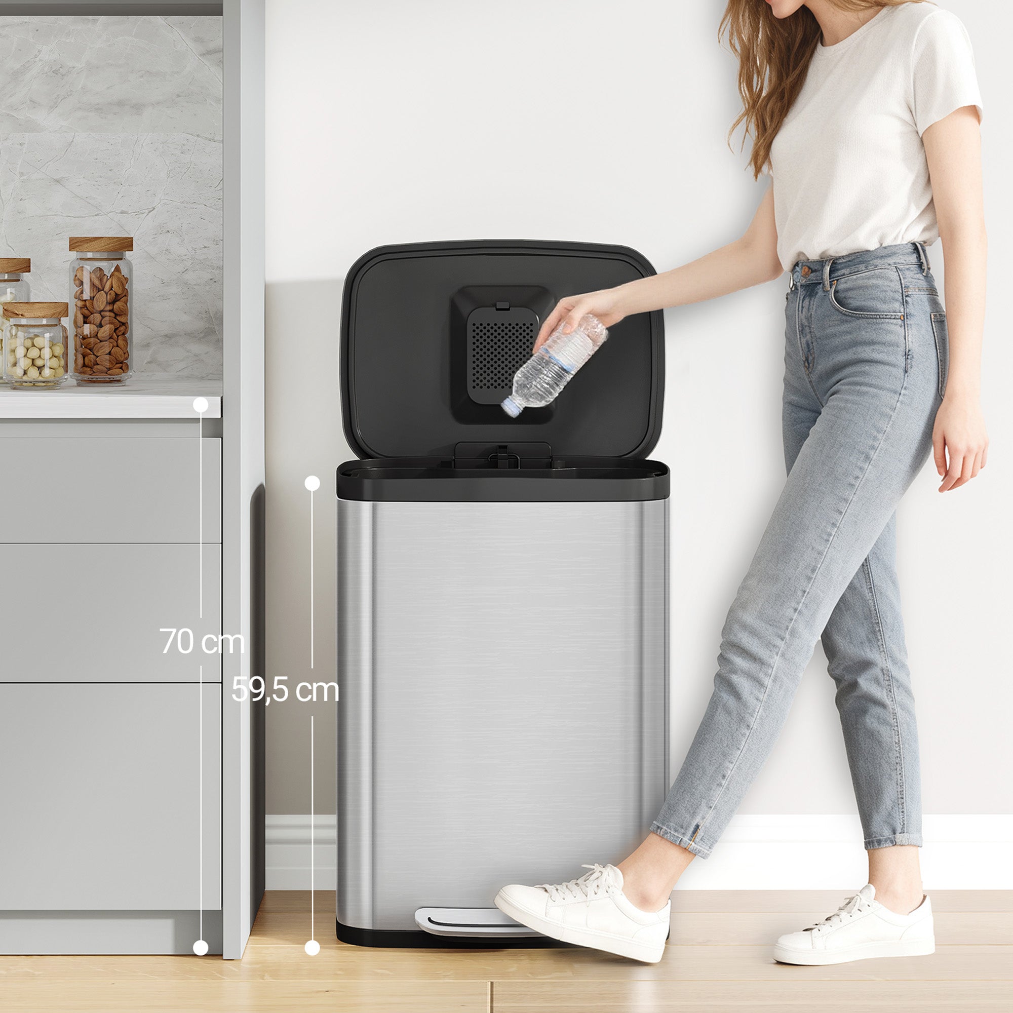 Hzuaneri 50L Kitchen Bin, Steel Pedal Bin with Soft-Close Lid, Inner Bucket, with 15 Bin Bags, Soft Close and Stay Open, Silver SW15099E