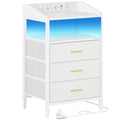 HEXCELEN Bedside Table with LED Lights & Charging Station, 3 Fabric Drawers, USB Ports & Power Outlets, White