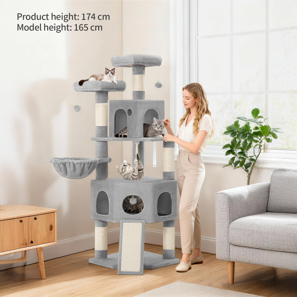 Hzuaneri Cat Tree for Indoor Cats, 174cm Cat Tower for Large Cats, 2 Platforms, 2 Caves, 4 Sisal Posts, Scratching Board, Cat Basket, Sisal Rope, Heavy-Duty for multiple cats, Light Grey MS17418LG