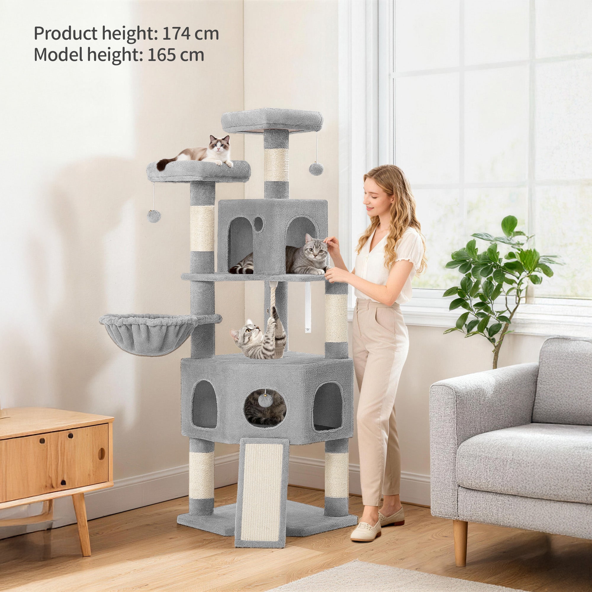 Hzuaneri Cat Tree for Indoor Cats, 174cm Cat Tower for Large Cats, 2 Platforms, 2 Caves, 4 Sisal Posts, Scratching Board, Cat Basket, Sisal Rope, Heavy-Duty for multiple cats, Light Grey MS17418LG