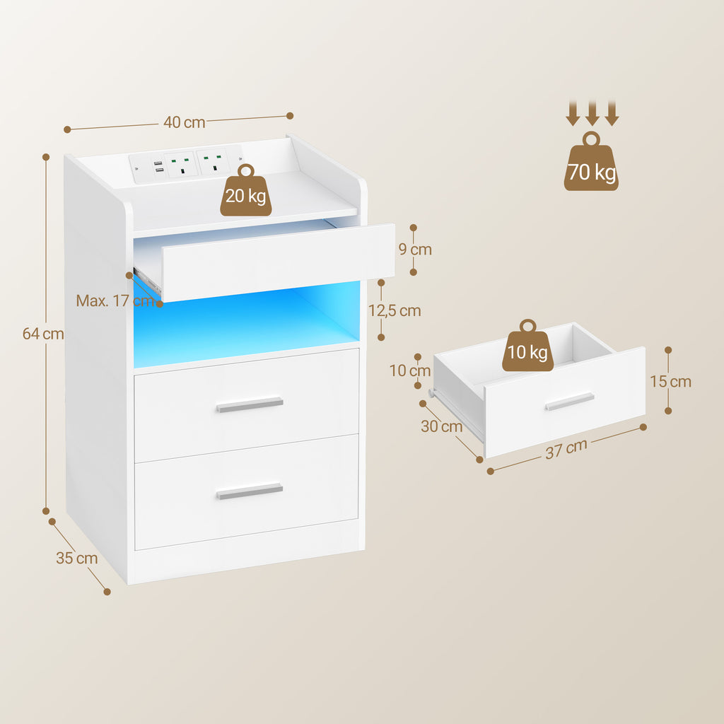 Hzuaneri Nightstand Set of 2, Side Table with Tray, Nightstand with Charging Function & LED Lighting, 2 Drawers, Modern, for Bedroom, Living Room 35 x 40 x 64 cm, White NS33603X