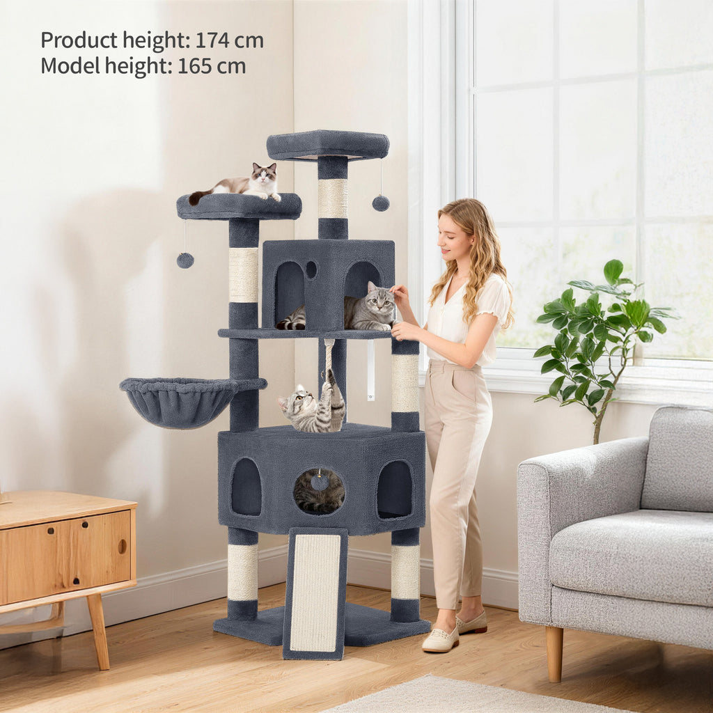 Hzuaneri Cat Tree for Indoor Cats, 174cm Cat Tower for Large Cats, 2 Platforms, 2 Caves, 4 Sisal Posts, Scratching Board, Cat Basket, Sisal Rope, Heavy-Duty for multiple cats, Dark Grey MS17418SG