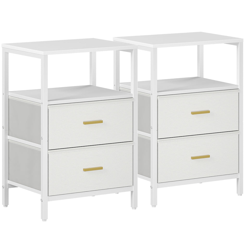 HEXCELEN Bedside Table Set of 2 with 2 Fabric Drawers & Shelf, Nightstand for Bedroom and Living Room, White