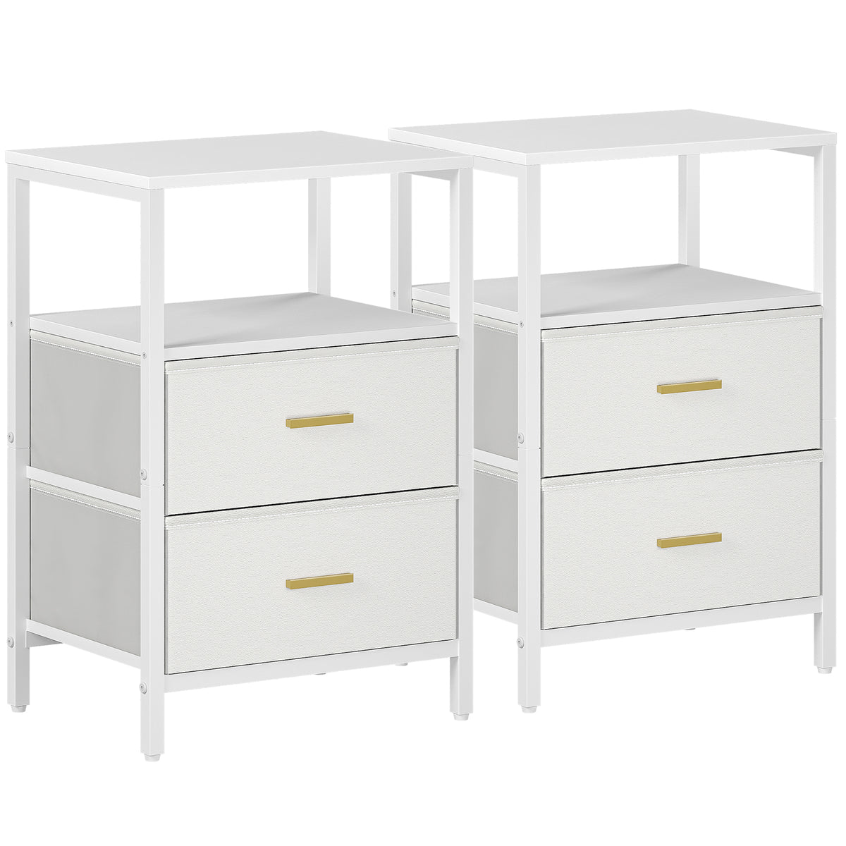 HEXCELEN Bedside Table Set of 2 with 2 Fabric Drawers & Shelf, Nightstand for Bedroom and Living Room, White