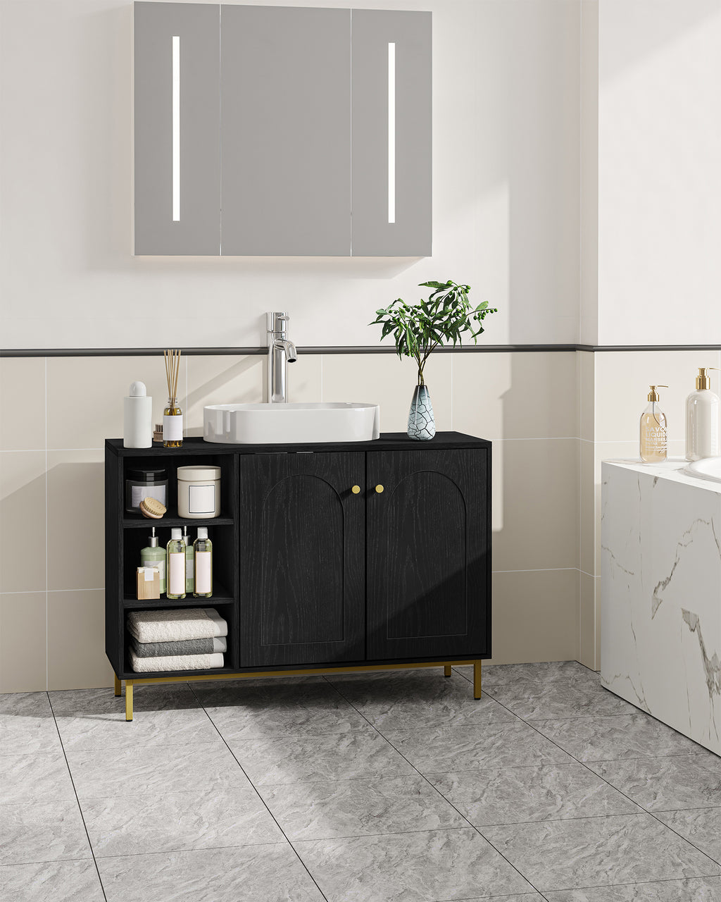 Hzuaneri Vanity Unit, Base Cabinet, Washbasin Cabinet, Bathroom Cabinet with 2 Doors, Adjustable Shelf, Ample Storage Space, Modern Style, 30 x 90 x 63 cm, Black BC09804G