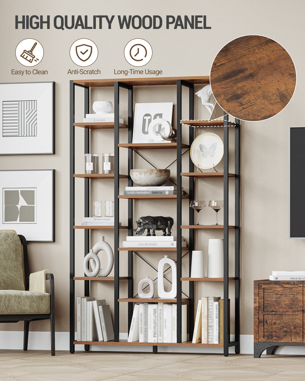 Hzuaneri 6-Level Bookshelf with 15 Adjustable Shelves, Vintage Brown-Black, 30 x 100 x 170 cm