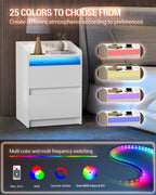 HEXCELEN Bedside Table with LED Lights & Charging Station, 2 Drawers, USB Ports and Power Outlets, White