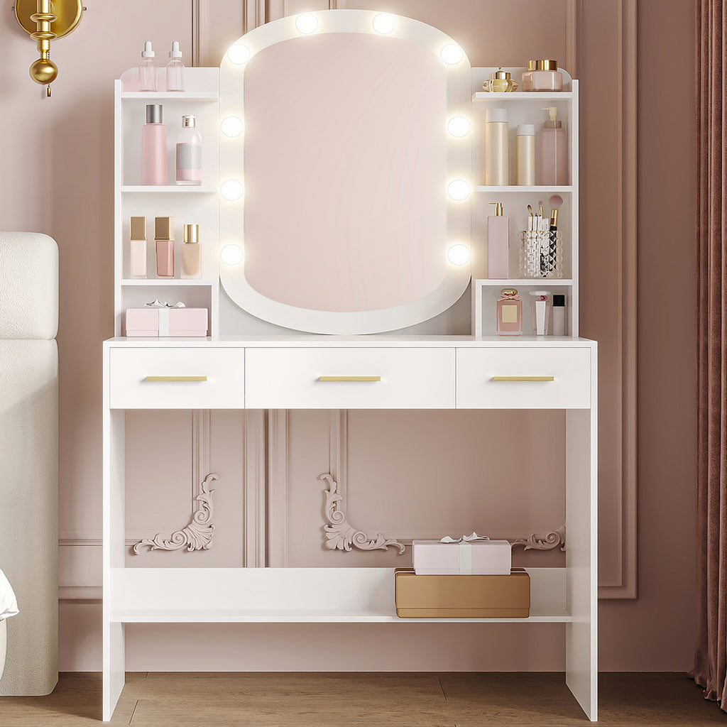 HEXCELEN Dressing Table with Oval Mirror, Vanity Table, Drawers with Open Compartments, for Bedroom and Dressing Room, 40 × 90 × 144 cm White，090103X