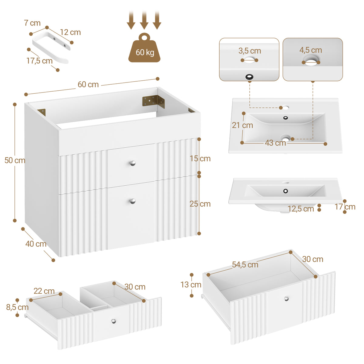 Hzuaneri Bathroom Vanity Unit, Wall-Mounted Sink with Cabinet, Bathroom Cabinet, 2 Drawers, 1 Towel Rail, Large Storage Capacity, 40 x 60 x 50 cm, White，BC64103X