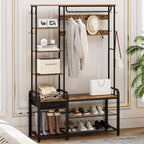 Hzuaneri Hall Tree, Coat Rack with 3-Tier Storage Bench and 1 Drawer, 5-in-1 Entryway Bench with 17 Hooks, 1 Hanging Rod, 4-Tier Side Shelves, Rustic Brown HT03501B
