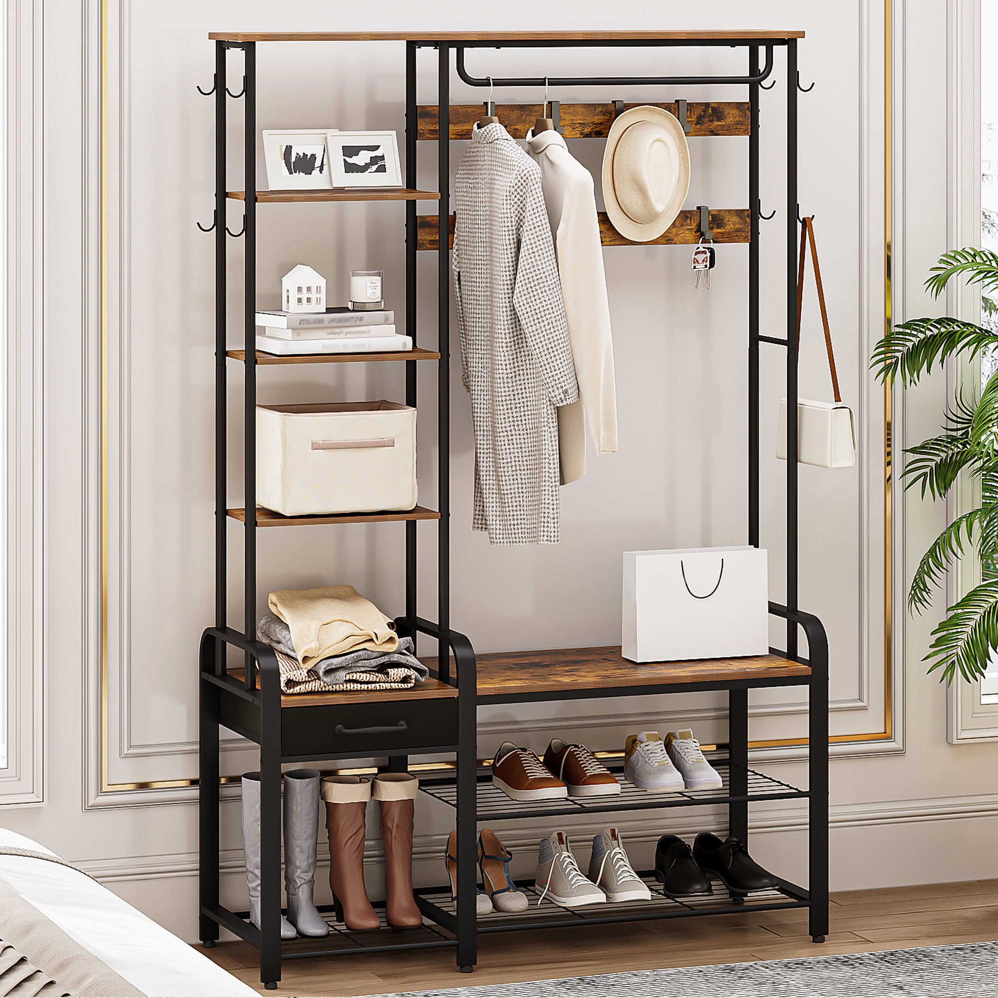 Hzuaneri Hall Tree, Coat Rack with 3-Tier Storage Bench and 1 Drawer, 5-in-1 Entryway Bench with 17 Hooks, 1 Hanging Rod, 4-Tier Side Shelves, Rustic Brown HT03501B