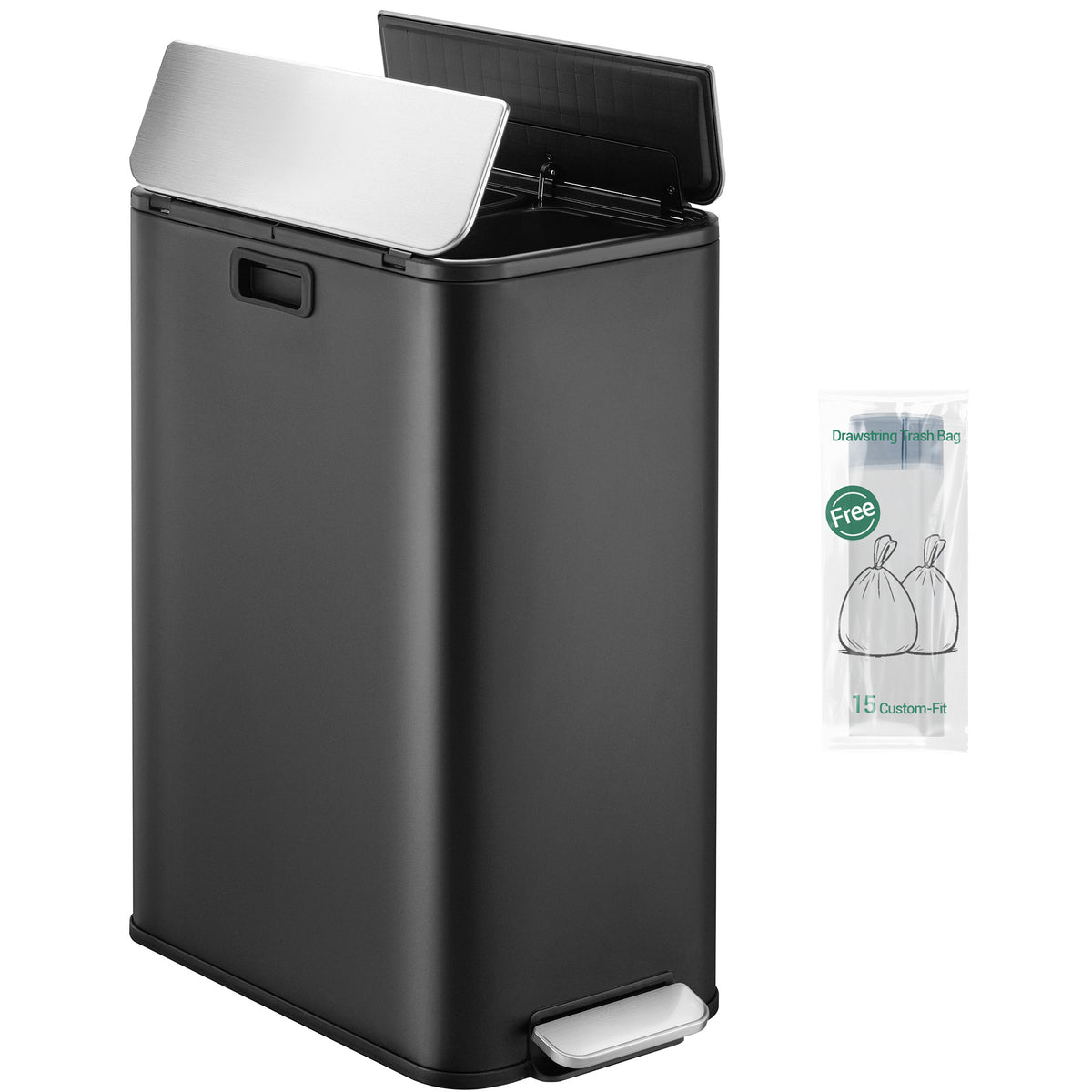 Hzuaneri Kitchen Trash Can, 2 x 28 Liter Narrow Trash Cans, Waste Separation System with Removable Inner Bucket, Includes 15 Special Trash Bags, Black SW22899B