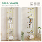 Hzuaneri 6 Tier Bookcase Bookshelf, Tempered Glass Bookshelves, Slim Shelving Unit for Bedroom, Bathroom, Home Office, Steel Frame, Gold, BC20699G