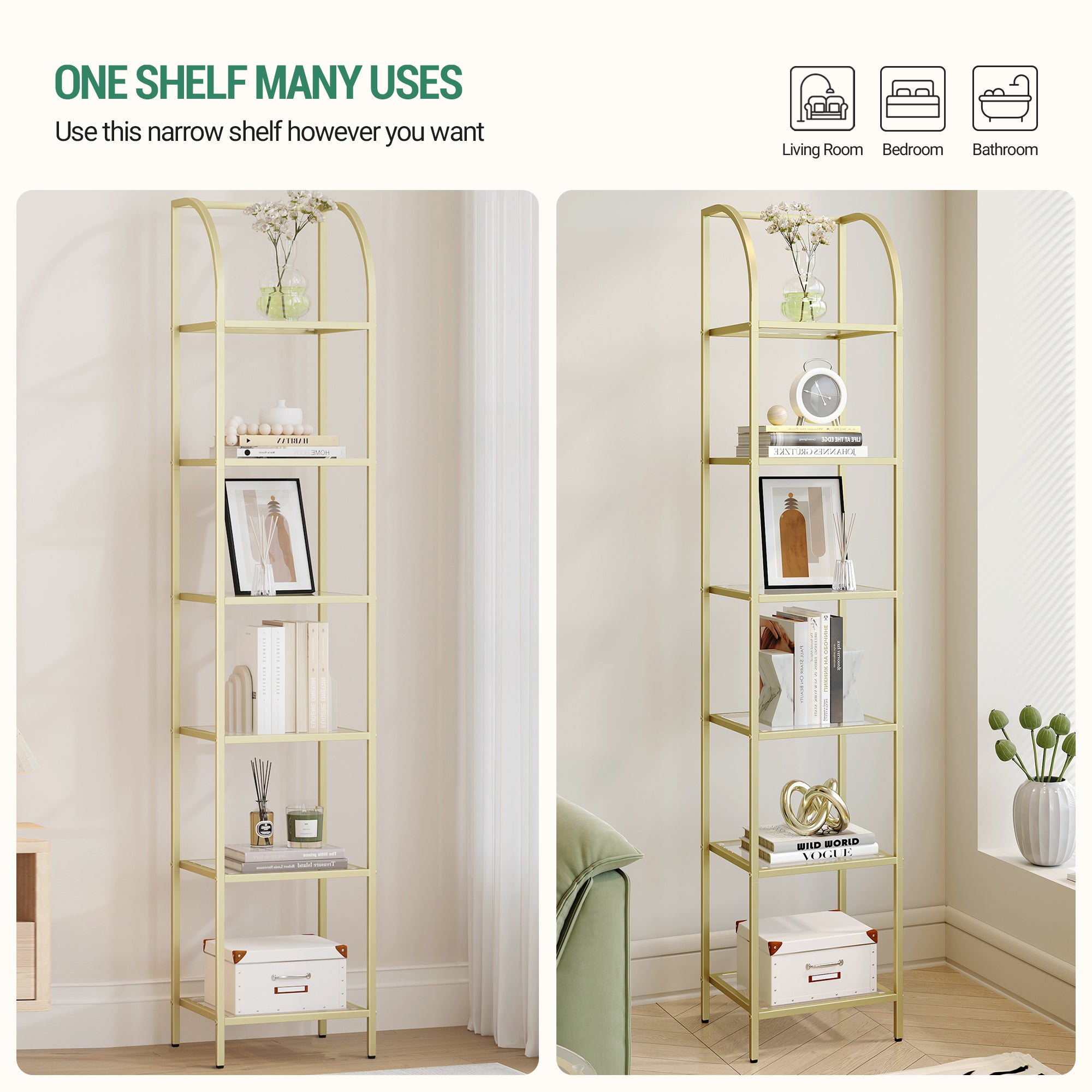 Hzuaneri 6 Tier Bookcase Bookshelf, Tempered Glass Bookshelves, Slim Shelving Unit for Bedroom, Bathroom, Home Office, Steel Frame, Gold, BC20699G