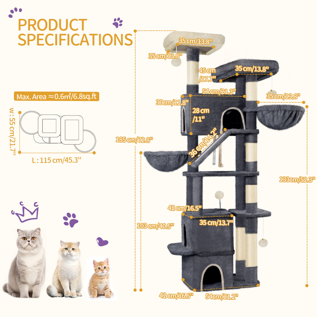 HEXCELEN  Large Cat Tree, 185cm Stable Cat Tree with 6 Scratching Posts, 3 Caves, 2 Viewing Platforms, 2 Baskets, 4 Plush Balls