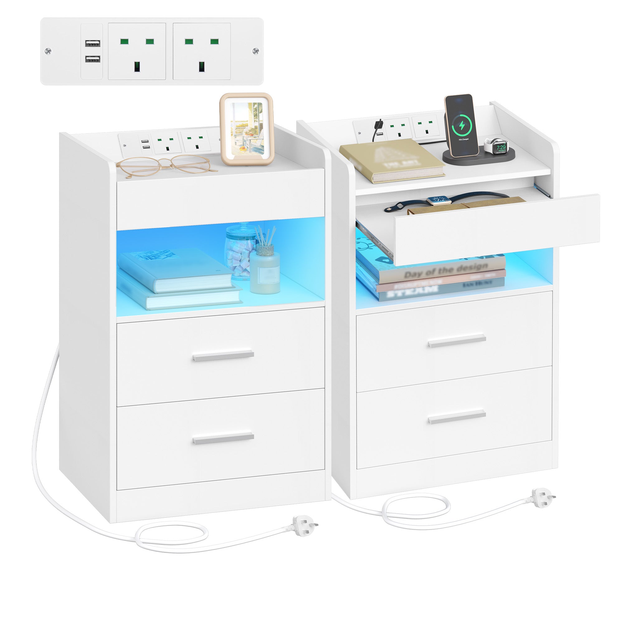 Hzuaneri Nightstand Set of 2, Side Table with Tray, Nightstand with Charging Function & LED Lighting, 2 Drawers, Modern, for Bedroom, Living Room 35 x 40 x 64 cm, White NS33603X