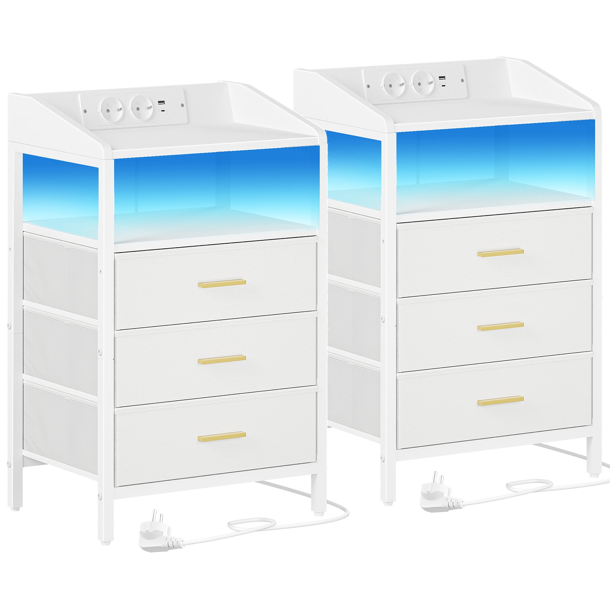 HEXCELEN Bedside Table Set of 2 with LED Lights & Charging Station, 3 Fabric Drawers, USB Ports & Sockets, White