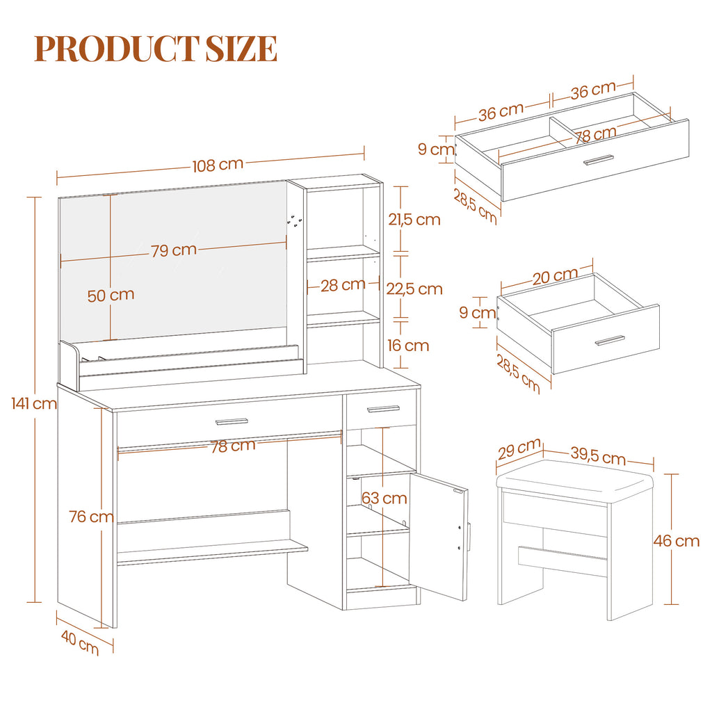 HEXCELEN dressing table with stool, large mirror, vanity table with 2 drawers, 4 open compartments and cabinet, for bedroom and dressing room, white,208103X
