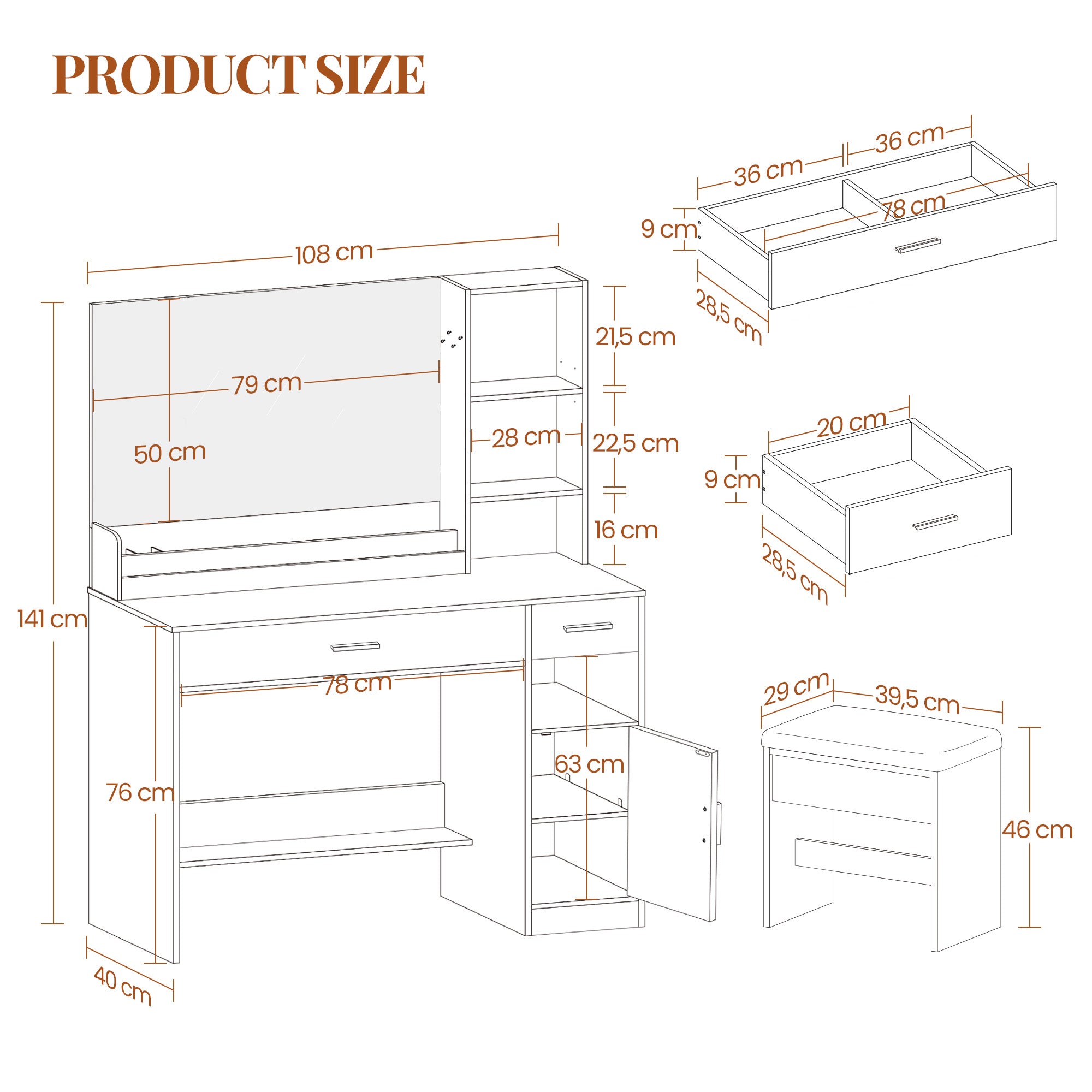 HEXCELEN dressing table with stool, large mirror, vanity table with 2 drawers, 4 open compartments and cabinet, for bedroom and dressing room, white,208103X
