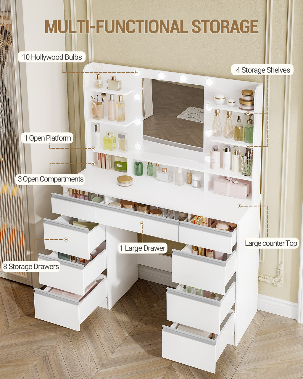 Hzuaneri Large Dressing Table with 10 LED Lights & Mirror, 9 Drawers, 9 Shelves, 3 Colors
