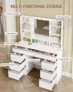 Hzuaneri Large Dressing Table with 10 LED Lights & Mirror, 9 Drawers, 9 Shelves, 3 Colors