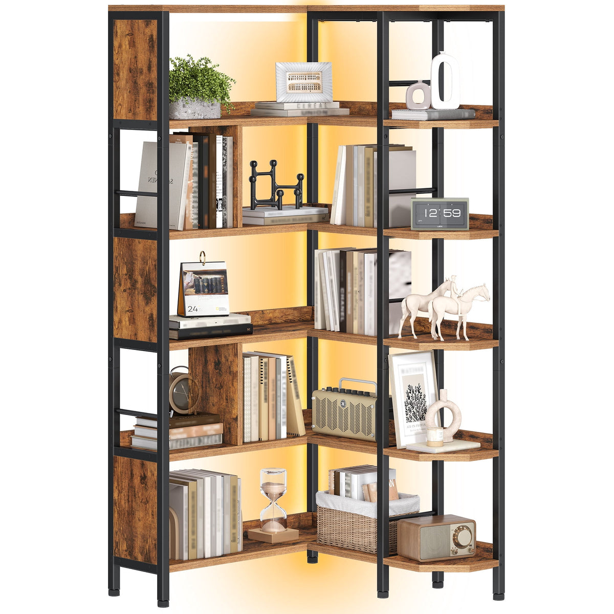 Hzuaneri 5-Tier Corner Bookshelf with LED Light, L-Shaped Bookcase with Metal Frame and Wooden Board, Industrial Bookcase with Display Shelf for Living Room Home Office, Rustic Brown