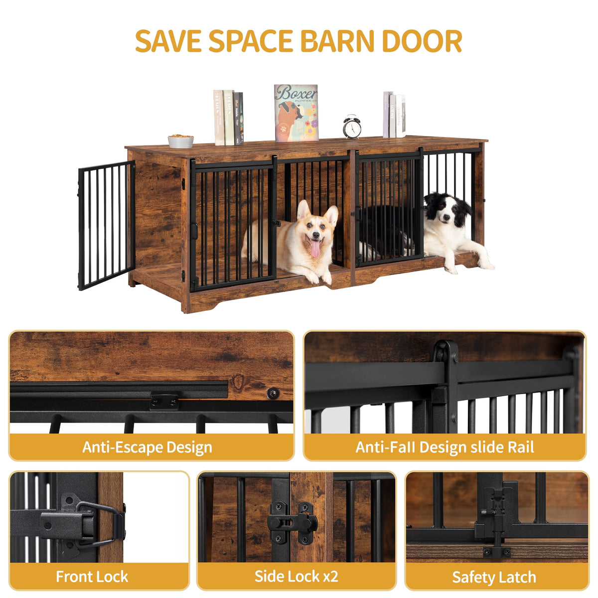 Hzuaneri 78" Large Double Dog Crate Furniture, Indoor Dog Kennel Furniture for 2 Dogs with Divider, Dual Sliding Barn Doors, Heavy Duty Dog Cage Furniture as TV Stand, Rustic Brown