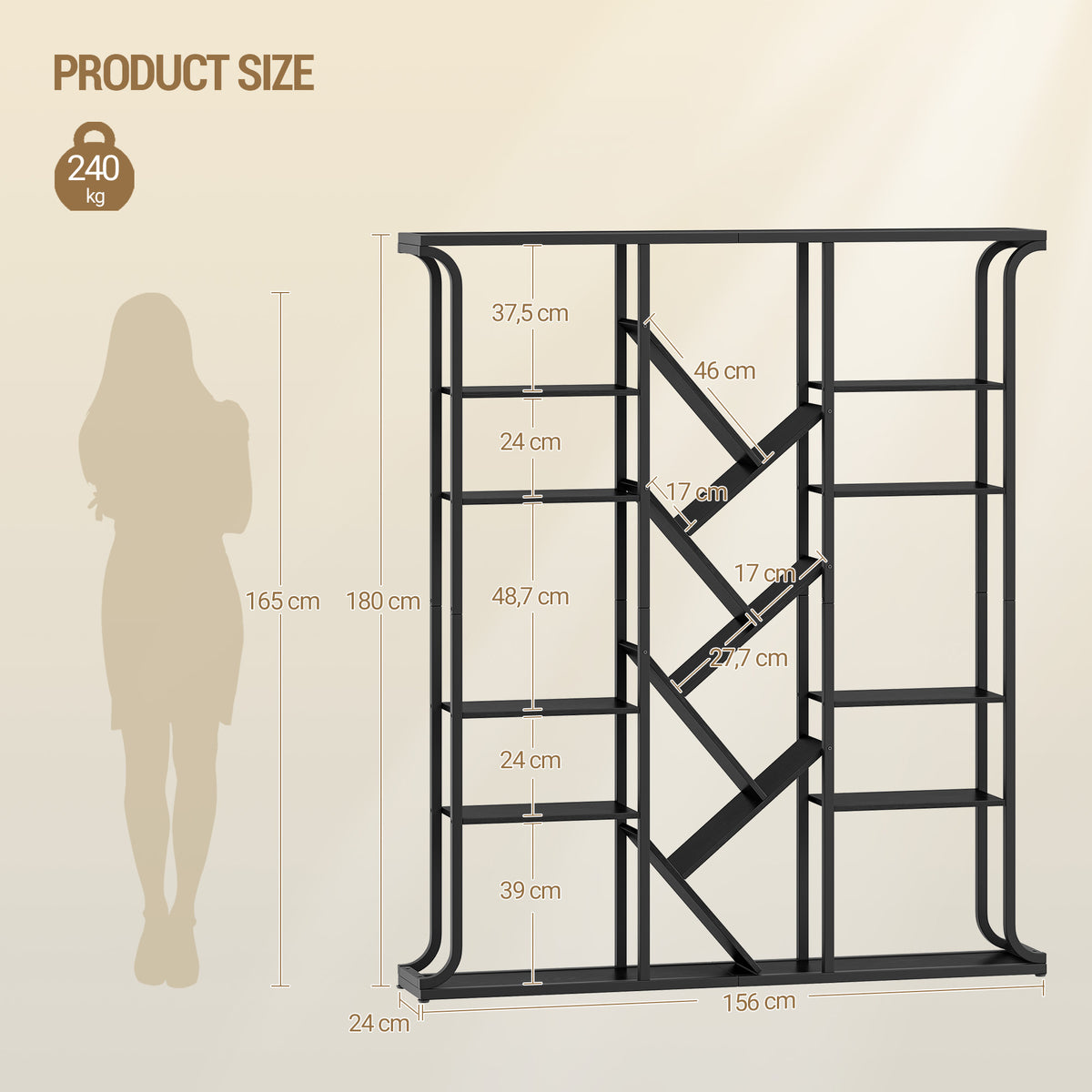 Hzuaneri Bookshelf, 3 Columns, 6 Tier Tree-Shaped Bookcase, 17 Open Independent Shelves, for Home Office, Bedroom, Living Room, 24 x 156 x 180 cm, Black BC53204B