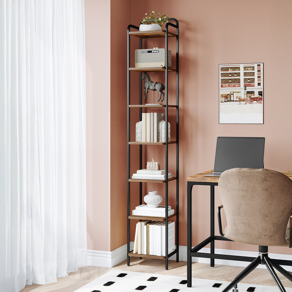 Hzuaneri 7-Tier Bookcase Bookshelf, Narrow Tall Bookcase, Slim Wooden Shelving Unit for Bedroom, Living Room, Home Office, Sturdy, Rustic Brown and Black, BC24801B