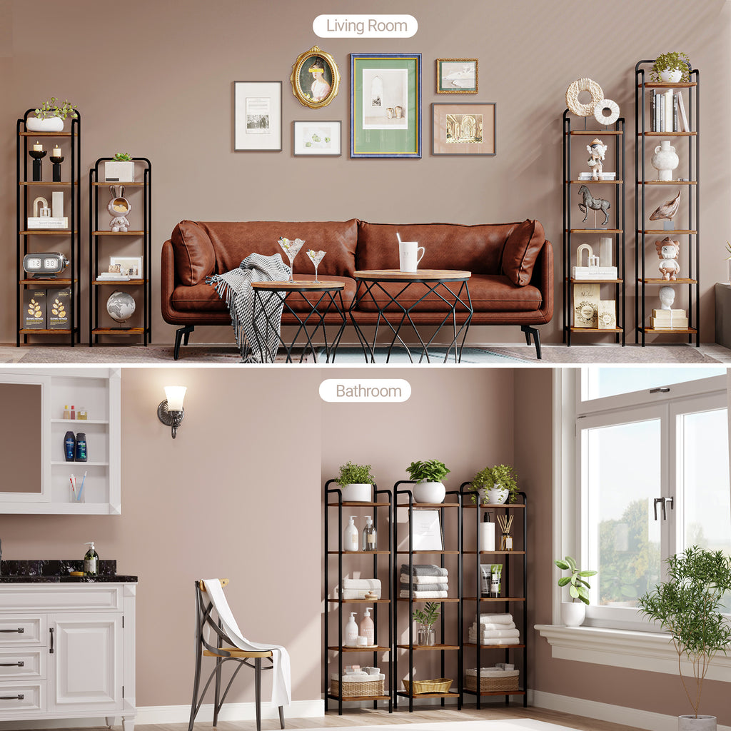 Hzuaneri 5-Tier Bookcase Bookshelf, Narrow Tall Bookcase, Slim Wooden Shelving Unit for Bedroom, Living Room, Home Office, Sturdy, Rustic Brown and Black, BC24501B