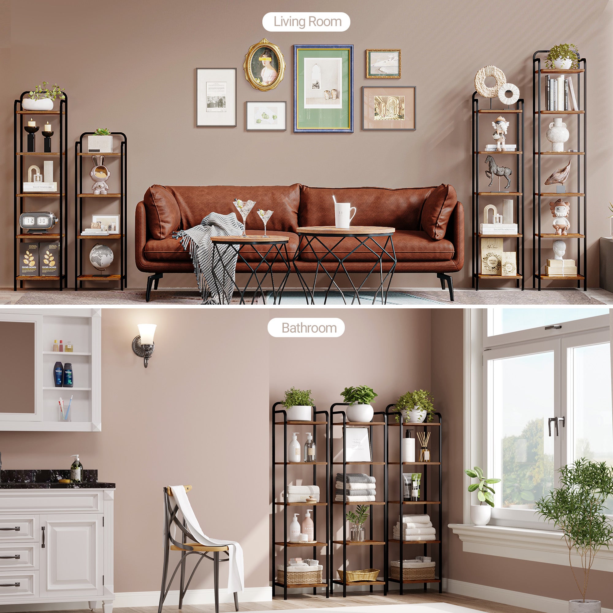 Hzuaneri 5-Tier Bookcase Bookshelf, Narrow Tall Bookcase, Slim Wooden Shelving Unit for Bedroom, Living Room, Home Office, Sturdy, Rustic Brown and Black, BC24501B