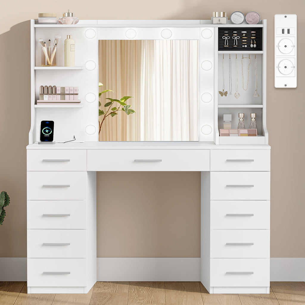 Hzuaneri Large Vanity Table with LED Lighting, Dressing Table with Mirror, Vanity Table with Power Outlets, 11 Drawers and 6 Jewelry Hooks, Suitable for Bedroom, Living Room, White DT43303X