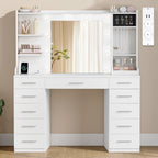 Hzuaneri Large Vanity Table with LED Lighting, Dressing Table with Mirror, Vanity Table with Power Outlets, 11 Drawers and 6 Jewelry Hooks, Suitable for Bedroom, Living Room, White DT43303X