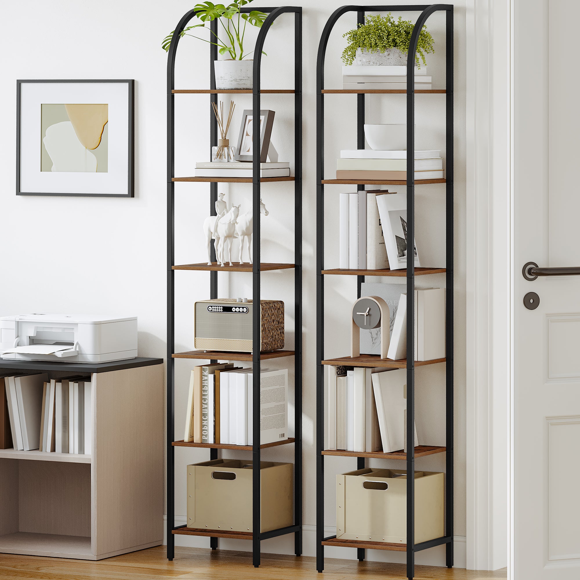 Hzuaneri Bookcase, 6-Tier Bookshelf, Narrow Bookcase Shelving Unit for Living Room, Office, Sturdy, Bedroom, 30 x 33.6 x 178 cm, Industrial, Rustic Brown and Black, BC56001B