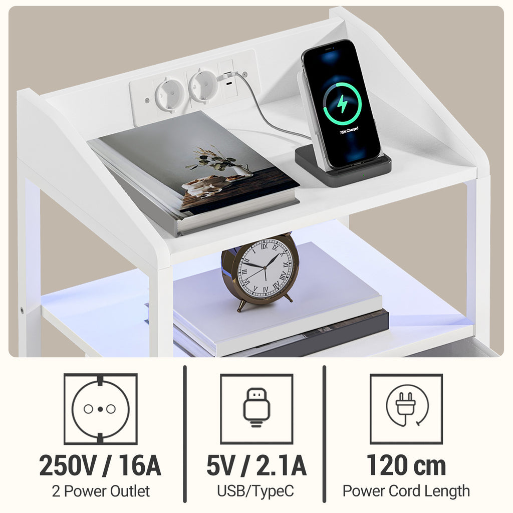 Hzuaneri Table de Chevet, avec Éclairage LED, Table de Nuit avec 2 Tiroirs de Rangement en Tissu, Tables d'appoint avec Ports USB et 2 Prises CA, pour Chambre, Blanc NS36113W