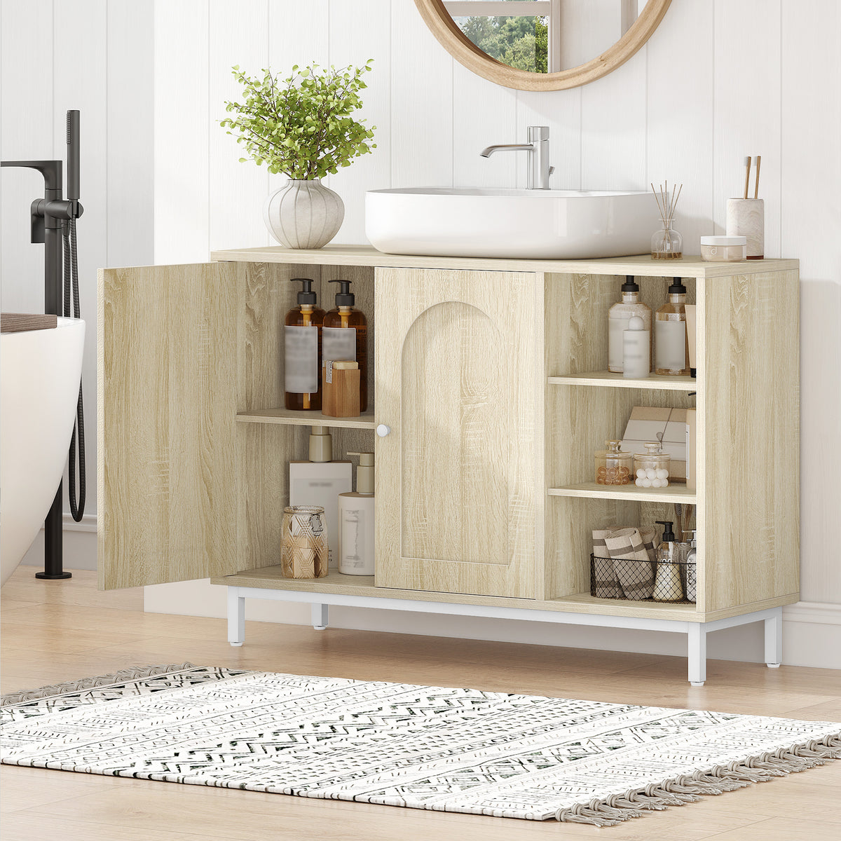 Hzuaneri vanity unit, base cabinet, washbasin cabinet, bathroom cabinet with 2 doors, adjustable shelf, ample storage space, modern style, 30 x 90 x 63 cm, light oak BC09816W