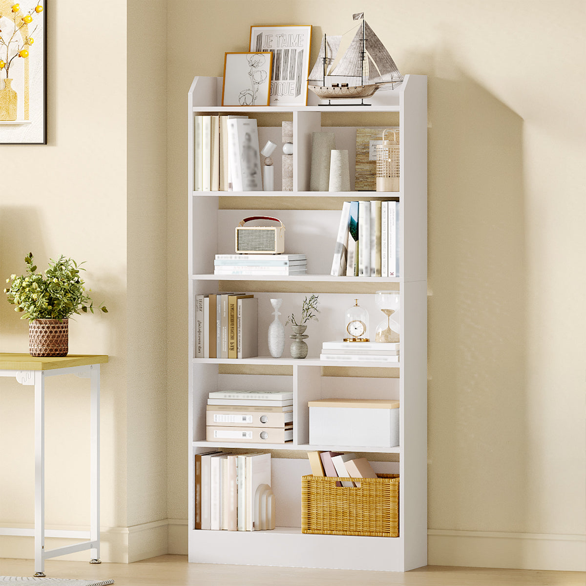 Hzuaneri Bookshelf, Bookcase, with 6 Shelves, Storage Shelf, Freestanding Shelf, for Living Room, Office, Bedroom, 24 x 80 x 170 cm, White BC11803X
