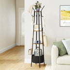 Hzuaneri Coat Rack, Clothes Rack with Large Storage Basket, Wardrobe with 3 Shelves, 16 Hooks, for Entrance Area, Bedroom, 182.5 cm High, Brown and Black CR27301B