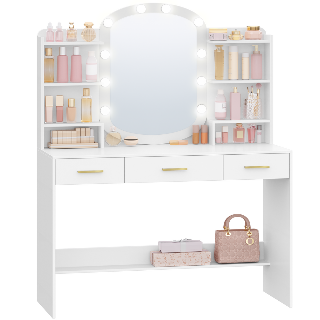 HEXCELEN Dressing Table with Oval Mirror, Vanity Table, Drawers with Open Compartments, for Bedroom and Dressing Room, 40 × 108 × 145.5 cm White,290103X
