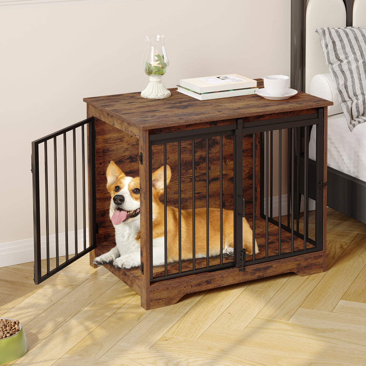Hzuaneri Dog Crate Furniture, 81cm Dog Box for Home Use, Sliding Doors, 2 Doors, Modern Wooden Indoor Dog Box for Small/Medium Dogs, Dog Crate for Home Use, 81 x 55 x 67.5cm, Vintage Brown DFC83601B
