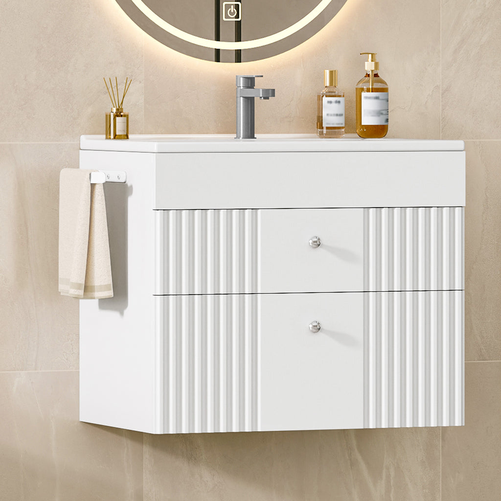 Hzuaneri Bathroom Vanity Unit, Wall-Mounted Sink with Cabinet, Bathroom Cabinet, 2 Drawers, 1 Towel Rail, Large Storage Capacity, 40 x 60 x 50 cm, White，BC64103X