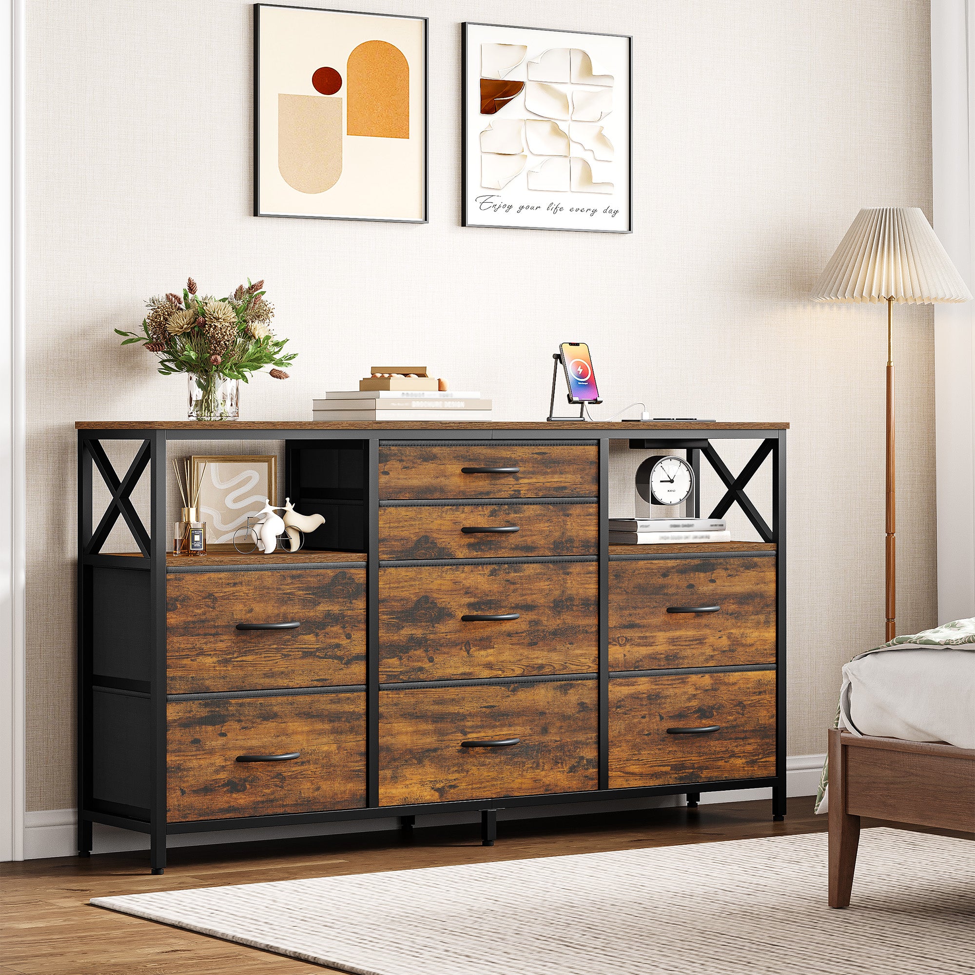 Hzuaneri Chest of Drawers 140 cm, 2 USB & 2 AC Ports, Chest of Drawers with 8 Fabric Drawers, Versatile Storage Furniture for Living Room and Bedroom, 30 x 140 x 86 cm, Vintage DU03801B